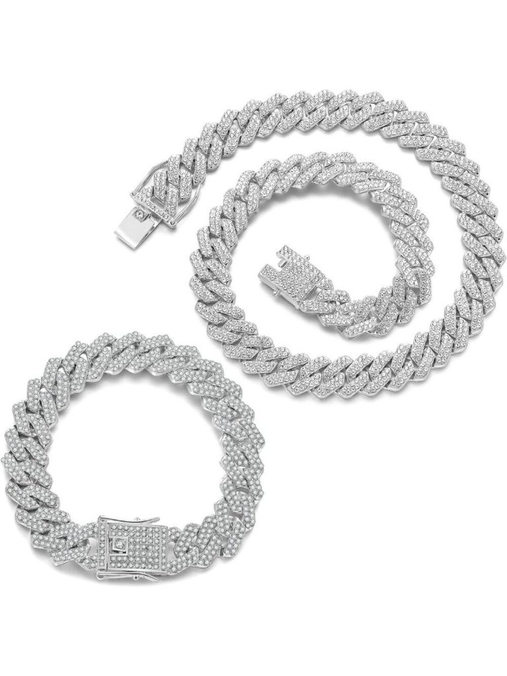 Iced Out Cuban Link Chain Set - Silver Bling Necklace & Bracelet for Hip Hop